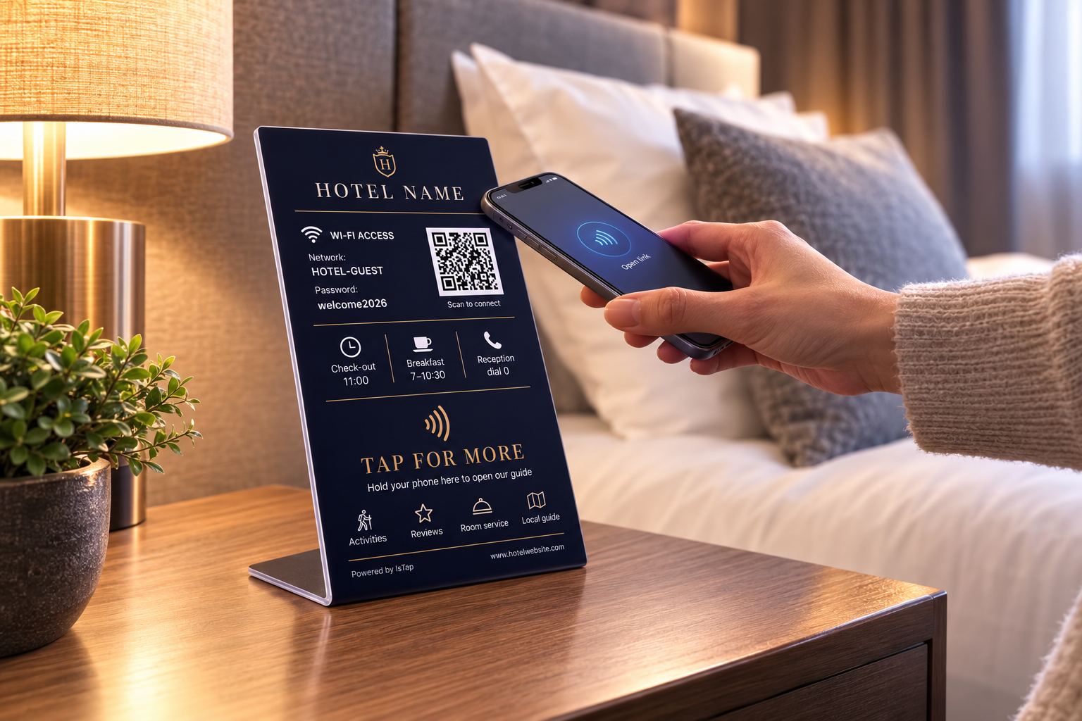 IsTap NFC stand on a hotel desk with tap options