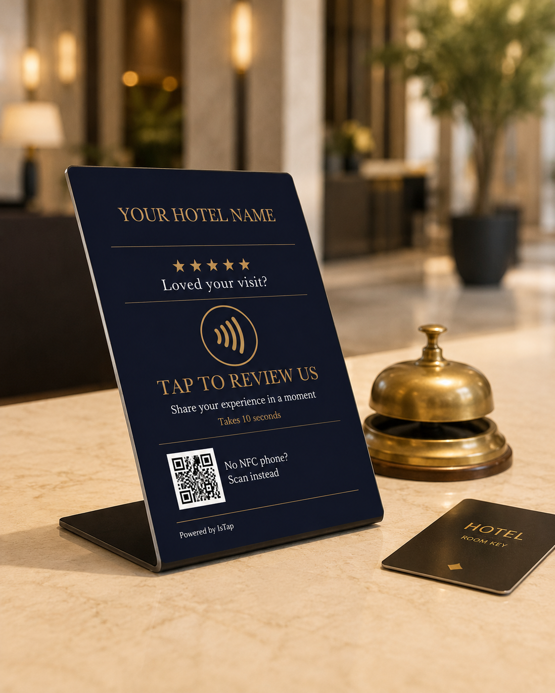 IsTap NFC stand on a hotel desk with tap options
