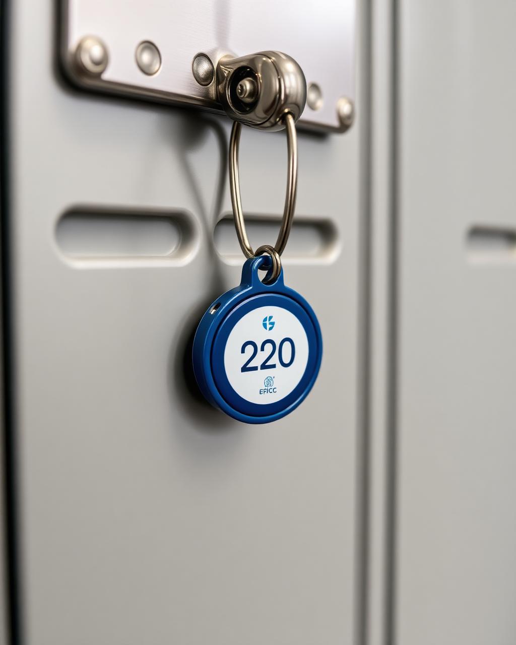 Hotel Island #220 NFC keychain hanging from a locker door