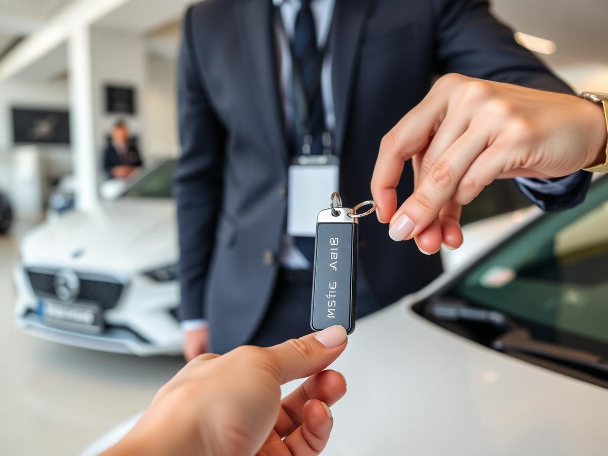 Salesperson handing branded keychain to customer in showroom