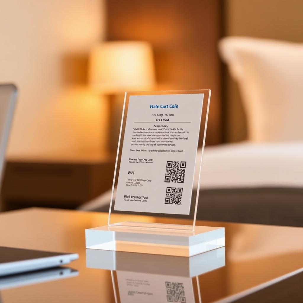 IsTap NFC room stand on a hotel desk with WiFi info