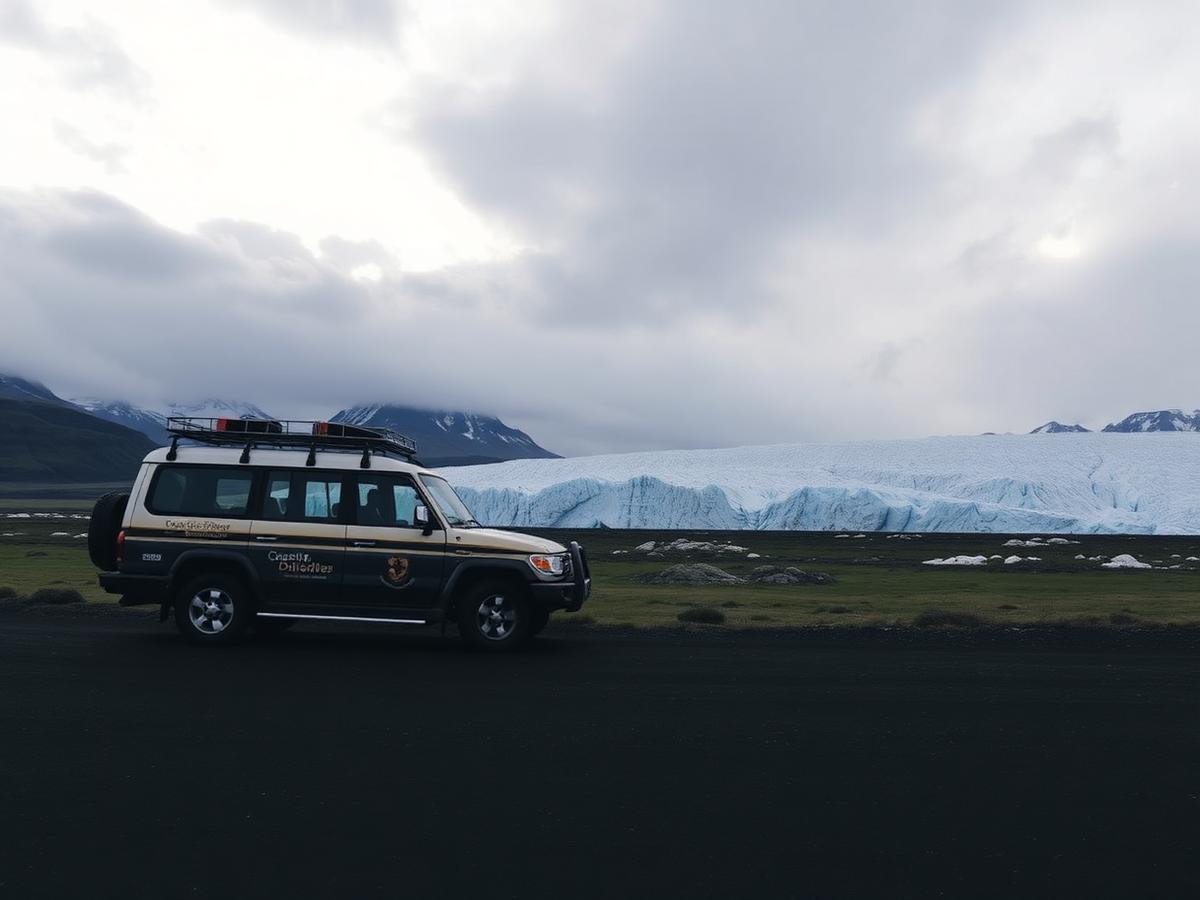 Icelandic tour operator vehicle by a glacier