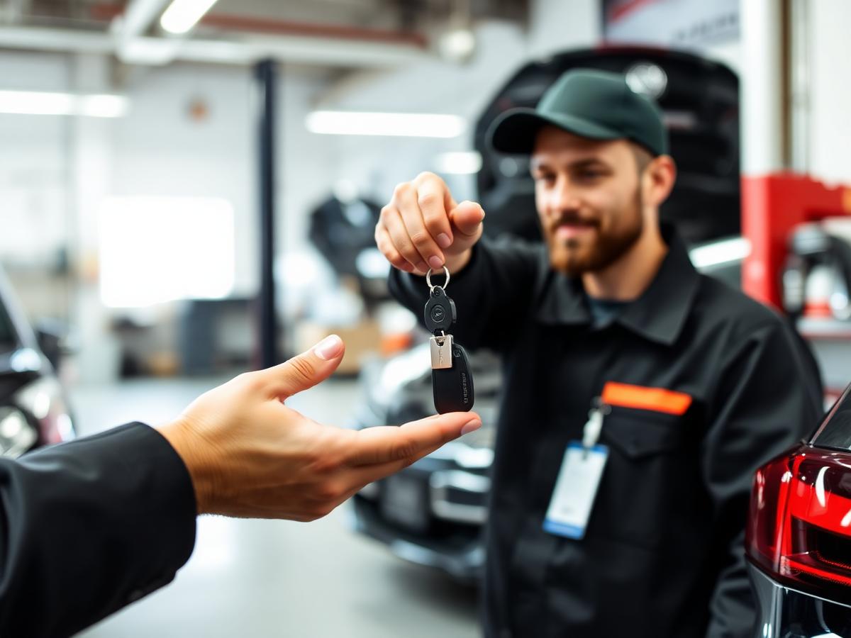 Mechanic handing car keys with branded keychain to customer